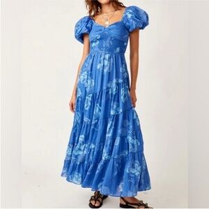 Free People Sundrenched Short Sleeve Maxi Dress Sapphire XS